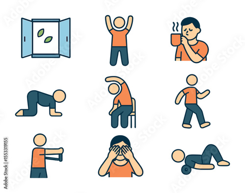 Home Office Break Icons. Flat icon set of home office break activities: open window, stand and stretch, sip