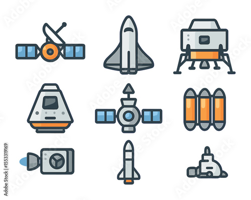 Interplanetary Vehicle Icons. Flat icon set of interplanetary travel vehicles: deep space probe, colonization