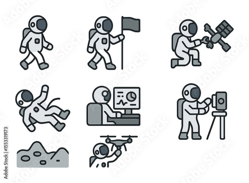 Space Activity Icons. Flat icon set of human activity in space: astronaut walking, planting flag, repairing