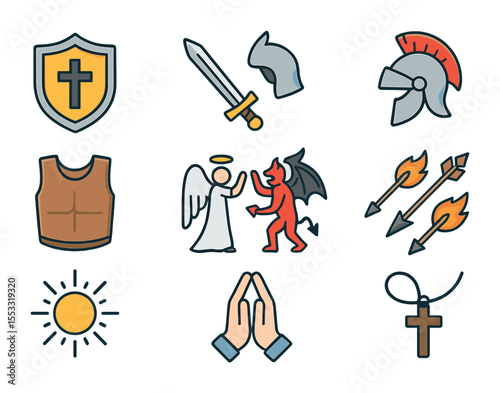 Spiritual Warfare Icons. Flat icon set of spiritual warfare symbols: shield of faith, sword of the spirit,