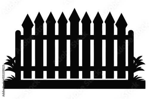 Black silhouette illustration featuring a wooden fence and grass on a white backdrop