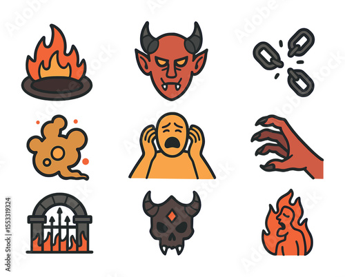 Infernal Icon Set. Flat icon set of hell and demonic imagery: fiery pit, horned demon, broken chains, sulfur