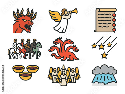 Apocalyptic Icon Set. Flat icon set of apocalyptic imagery: beast with ten horns, angel blowing trumpet,