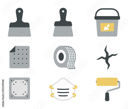 Plaster Patch Tool Icons. Flat icon set of plaster patch tools: plaster trowel, putty knife, joint compound