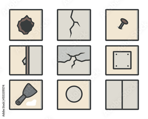 Home Repair Icons. Flat icon set of home wall repairs: hole in drywall, cracked plaster, nail pop, loose