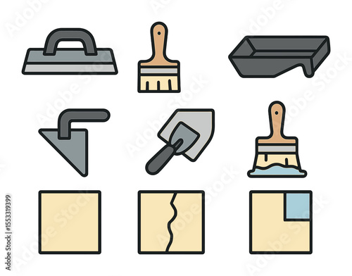 Wall Finishing Icons. Flat icon set of wall finishing: smoothing tool, paintbrush, roller tray, corner trowel,