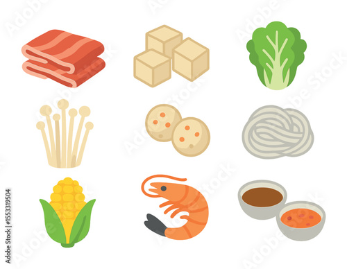 Hot Pot Ingredient Icons. Flat icon set of hot pot ingredients: sliced beef, tofu cubes, napa cabbage, enoki
