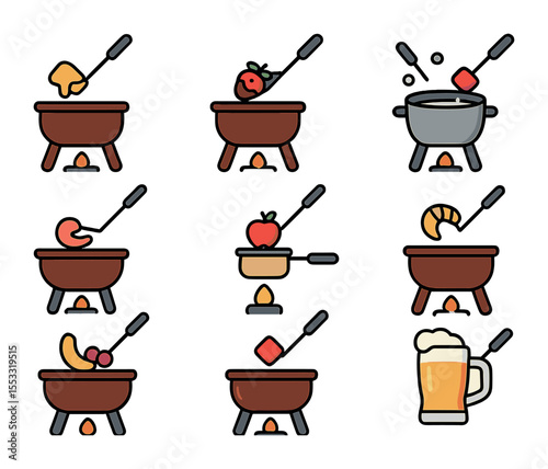 Fondue Icon Set. Flat icon set of fondue meal variations: cheese fondue, chocolate fondue, meat fondue, broth