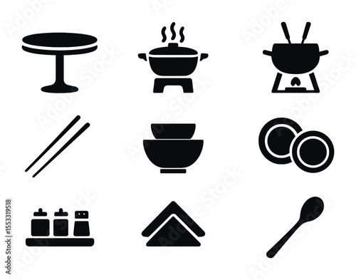 Modern Dining Icons. Flat icon set of table setup for social meals: round table, steaming hot pot, fondue set,