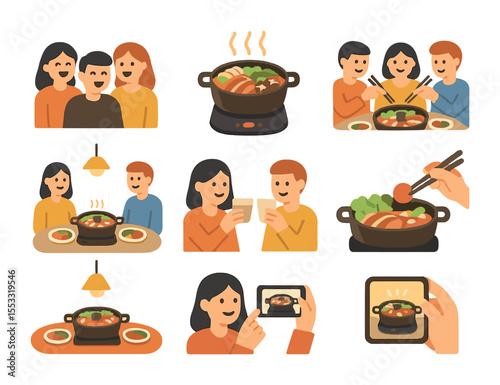 Warm Hot Pot Icons. Flat icon set of friends enjoying hot pot: laughing group, steam rising, people with