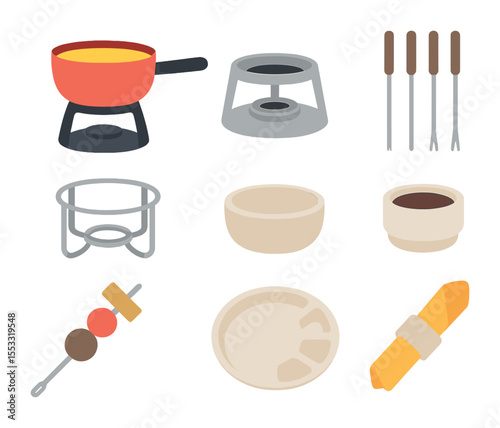 Fondue Party Icons. Flat icon set of fondue party tools: fondue pot, burner base, fondue forks, warming stand,