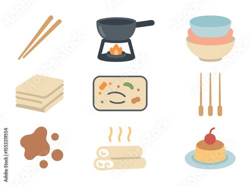 Post-Meal Icon Set. Flat icon set of post-meal items: used chopsticks, empty fondue pot, stack of bowls,