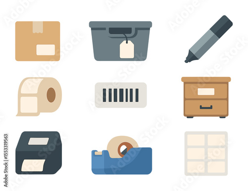Labeling Storage Icons. Flat icon set of labeling storage boxes: cardboard box with label, plastic bin with