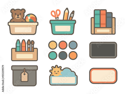 Children's Storage Icons. Flat icon set of children’s storage organization: toy bin with label, school supply