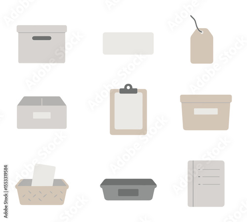 Minimalist Home Icons. Flat icon set of minimalist home organization: blank storage box, simple white label,