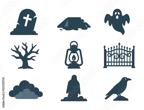 Graveyard Icon Set. Flat icon set of graveyard terror scene: broken headstone, open grave, ghost rising, dead