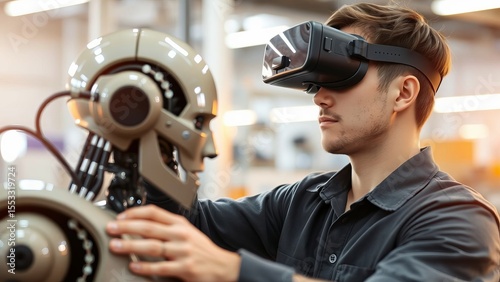 A young male repairman at a factory works in VR glasses and repairs a humanoid robot. Concept of the future of work