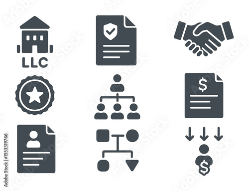 Business Structure Icons. Flat icon set of business structure and tax implications: LLC icon, S-Corp document,