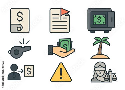 Corporate Tax Icons. Flat icon set of corporate tax evasion and avoidance: tax loophole icon, red flagged