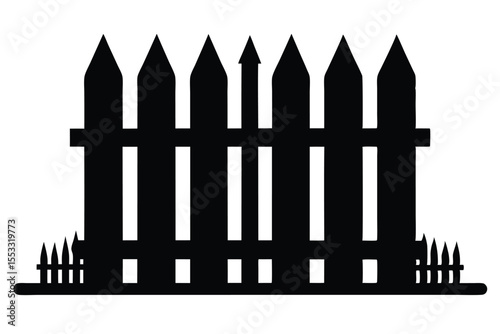 Black Silhouette of a Classic Wooden Picket Fence Design with Grass Details