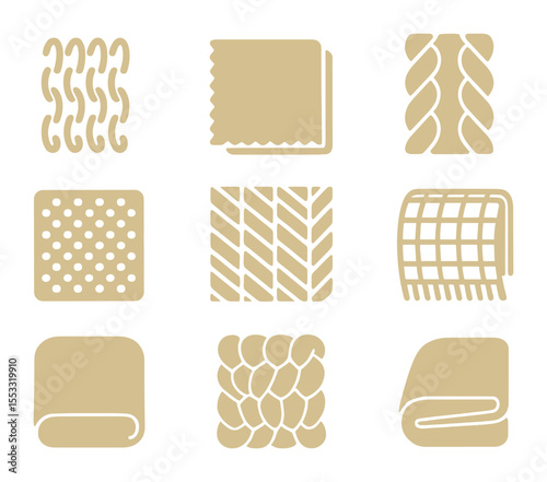 Fabric Texture Icons. Flat icon set of fabric and blanket textures: wool texture, fleece swatch, cable knit,