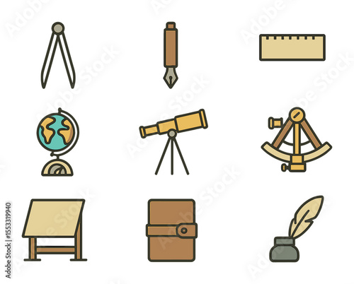 Historical Mapping Icons. Flat icon set of historical mapping instruments: divider calipers, cartographic pen,