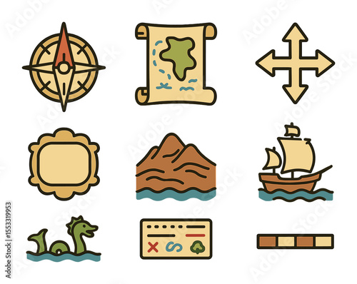 Historical Map Icon Set. Flat icon set of historical cartography symbols: compass rose, old map scroll,