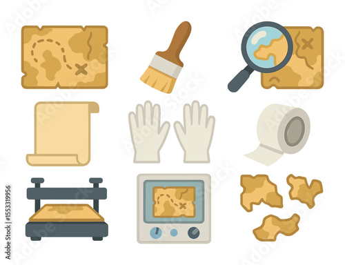 Antique Map Restoration Icons. Flat icon set of antique map restoration process: aged map, restoration brush,