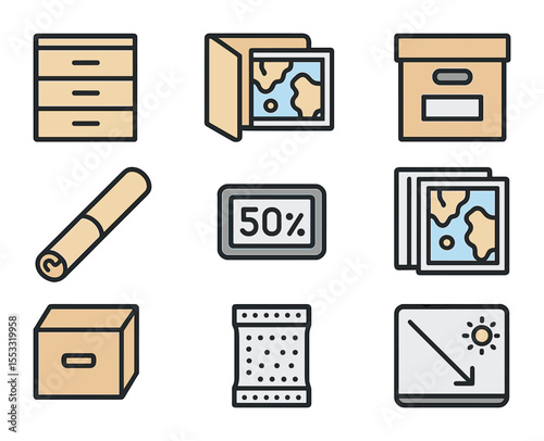 Archival Storage Icons. Flat icon set of archival map storage: flat file cabinet, acid-free folder, labeled