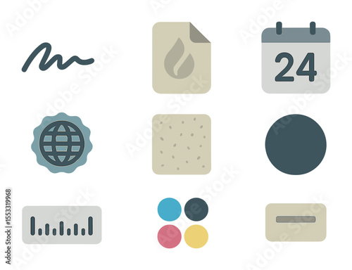 Map Authentication Icons. Flat icon set of map authentication elements: signature mark, watermark, publication