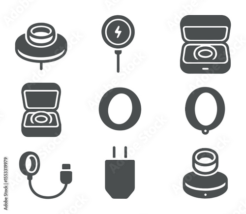Smart Ring Accessories Icons. Flat icon set of smart ring charging and accessories: wireless charging pad,