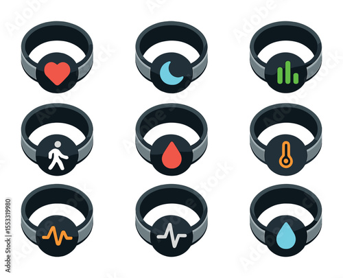 Smart Rings Icon Set. Flat icon set of smart rings for health tracking: heart rate ring, sleep monitor ring,