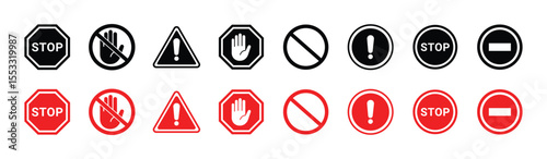 Red stop sign icon set. stop Sign with hand . Warning sign, attention, prohibition, danger, alert, road sign , vector illustration .