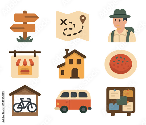 Local Travel Icon Set. Flat icon set of local-only travel tips: unmarked trail, handwritten map, local guide,