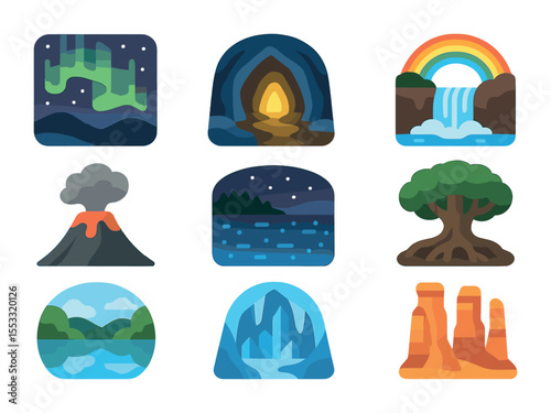 Magical Nature Icons. Flat icon set of magical natural wonders: aurora sky, glowing cave, rainbow falls,