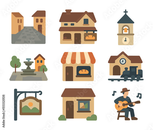 Charming Town Icons. Flat icon set of underrated small towns: cobblestone street, rustic inn, bell tower, town