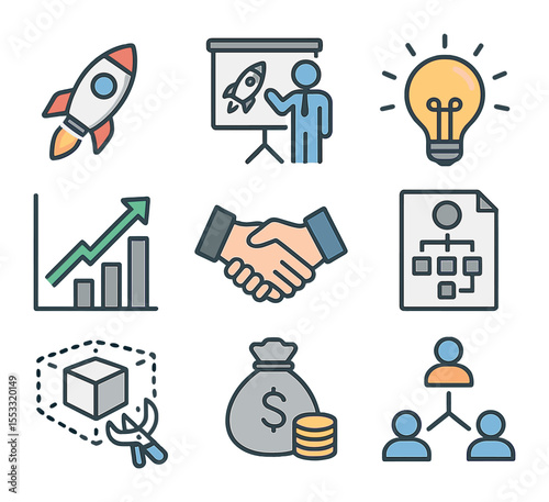 Entrepreneurial Icons Grid. Flat icon set of entrepreneurial spirit: startup rocket, business pitch,