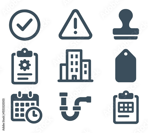 Plumbing Inspection Icons. Flat icon set of plumbing inspection symbols: checkmark, warning icon, fail stamp,