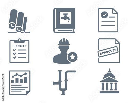 Commercial Plumbing Icons. Flat icon set of commercial plumbing paperwork: blueprint rolls, code reference