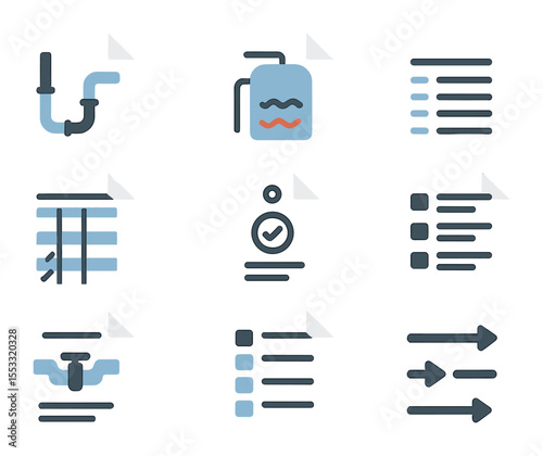 Water System Icons. Flat icon set of water system permit forms: cold water line plan, hot water heater diagram