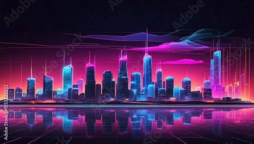 Neon Skyline Glows Against Transparent Background

