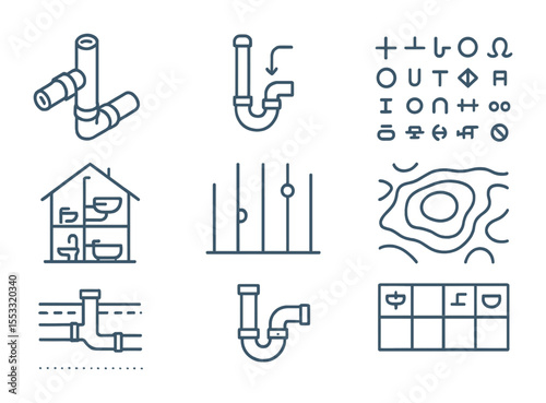 Plumbing Layout Icons. Flat icon set of plumbing layout documentation: isometric drawing, vent pipe sketch,