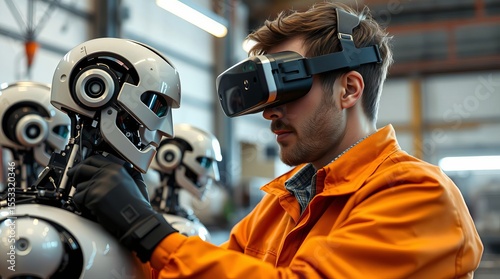 A young man in a manufacturing facility works in VR glasses and repairs a humanoid robot with artificial intelligence. Concept of the future of work.