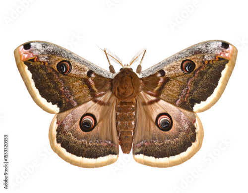 Brown patterned moth with spread wings, isolated on white.