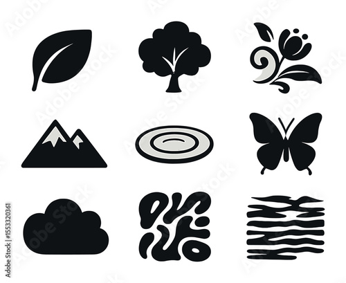 Nature Icon Grid. Flat icon set of nature-inspired graphic design: leaf motif, tree silhouette, floral swirl,