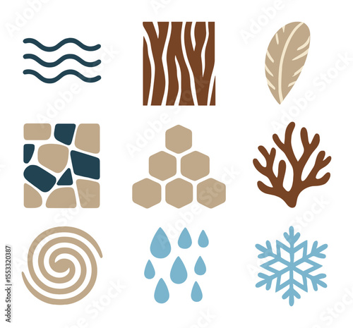 Nature Pattern Icons. Flat icon set of natural patterns in design: wave pattern, bark texture, stone mosaic,