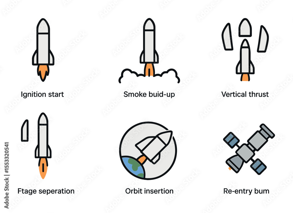 Fototapeta premium Rocket Launch Icons. Flat icon set of mission launch stages: ignition start, smoke build-up, vertical thrust,