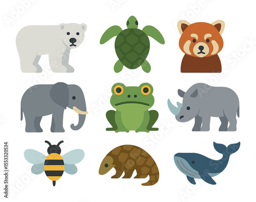 Wildlife Icon Set. Flat icon set of wildlife at risk: polar bear, sea turtle, red panda, elephant, frog, rhino