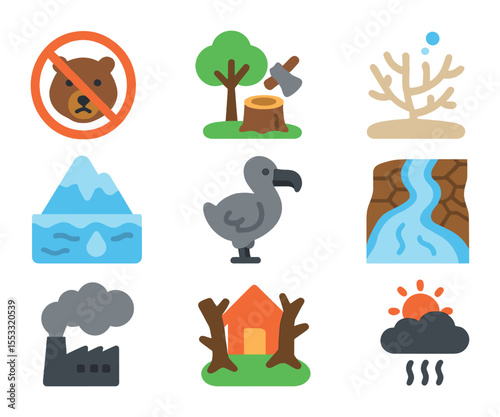 Biodiversity Loss Icons. Flat icon set of biodiversity loss indicators: endangered species, deforestation,