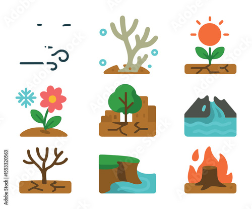 Climate Change Icons. Flat icon set of climate change effects on nature: shifting migration, coral bleaching,